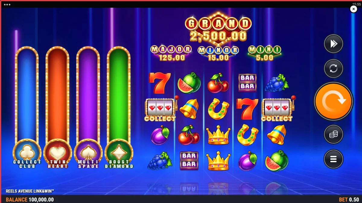 Tampilan visual slot Reels Avenue Link&Win dengan tema neon futuristik.
